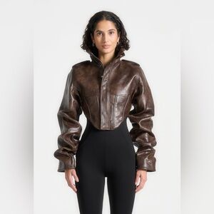 NWT Maniere De Voir “Solange” Women's Brown Vegan Vintage Leather Jacket